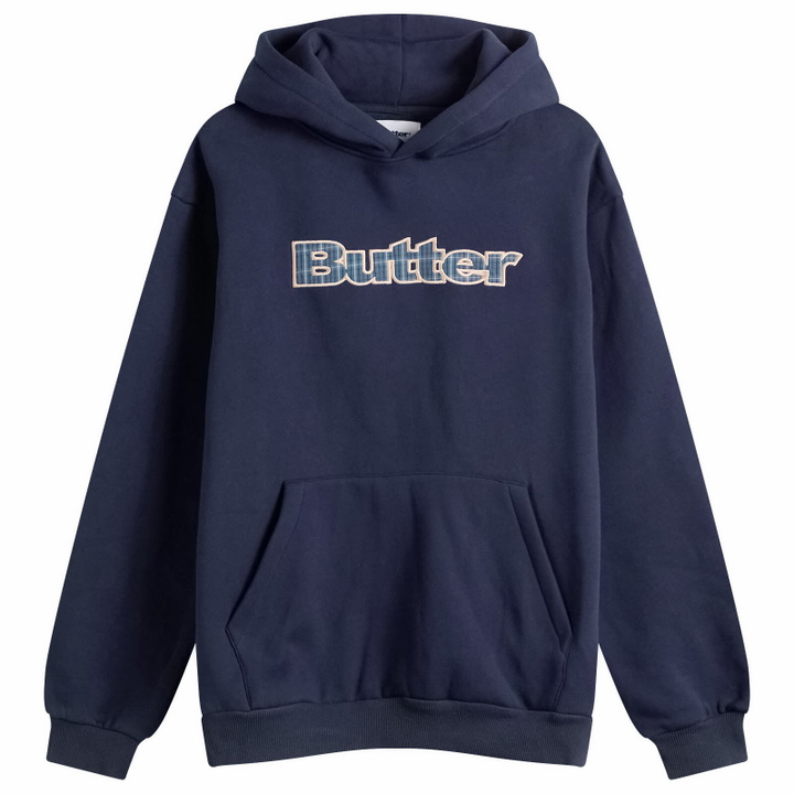 Photo: Butter Goods Men's Plaid Logo Applique Hoodie in Navy