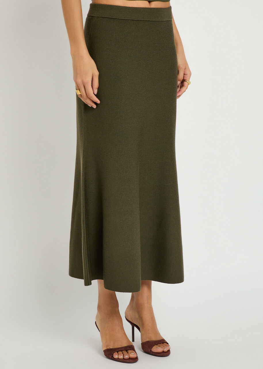 Simkhai Layne Ribbed Merino Wool Midi Skirt Khaki