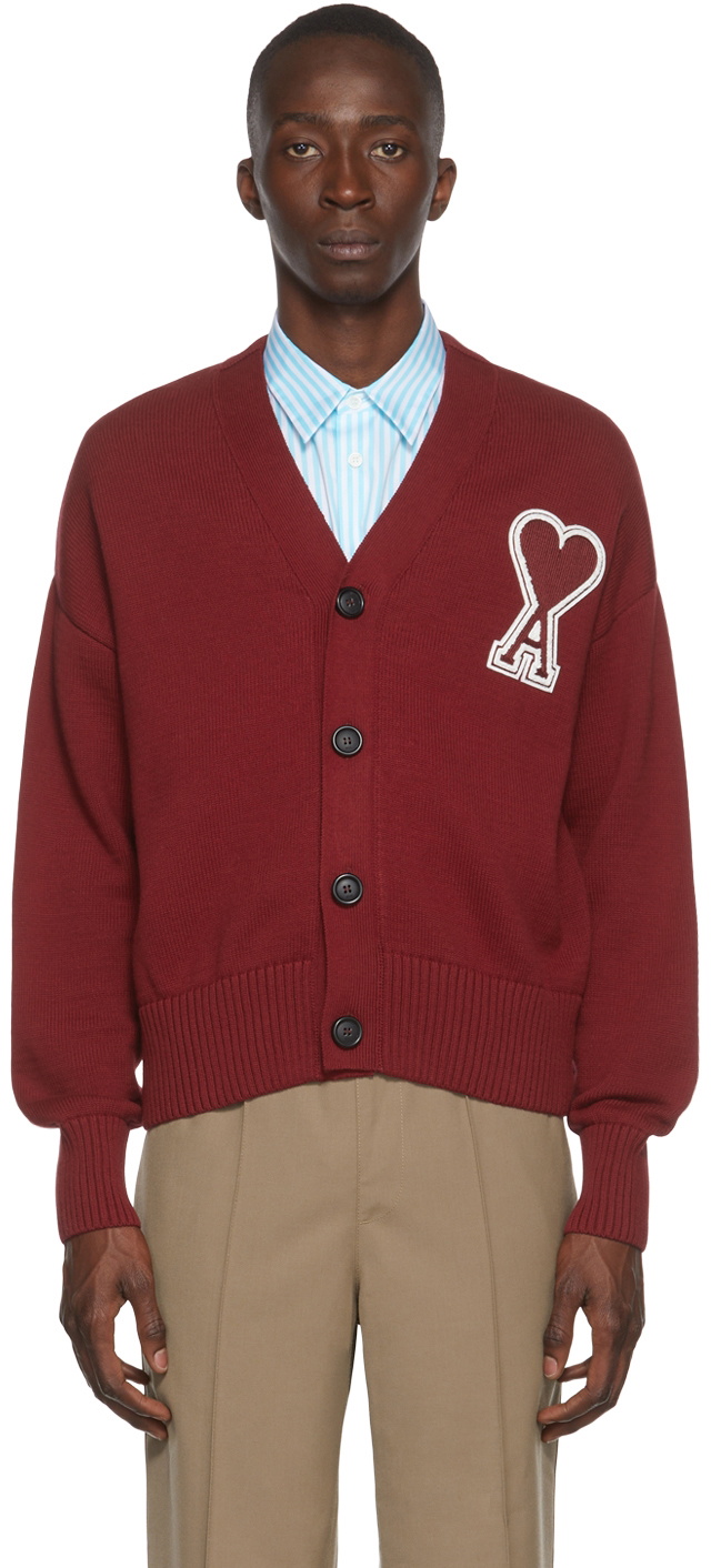 AMI Paris SSENSE Exclusive Burgundy Ami de Cœur Cardigan AMI 