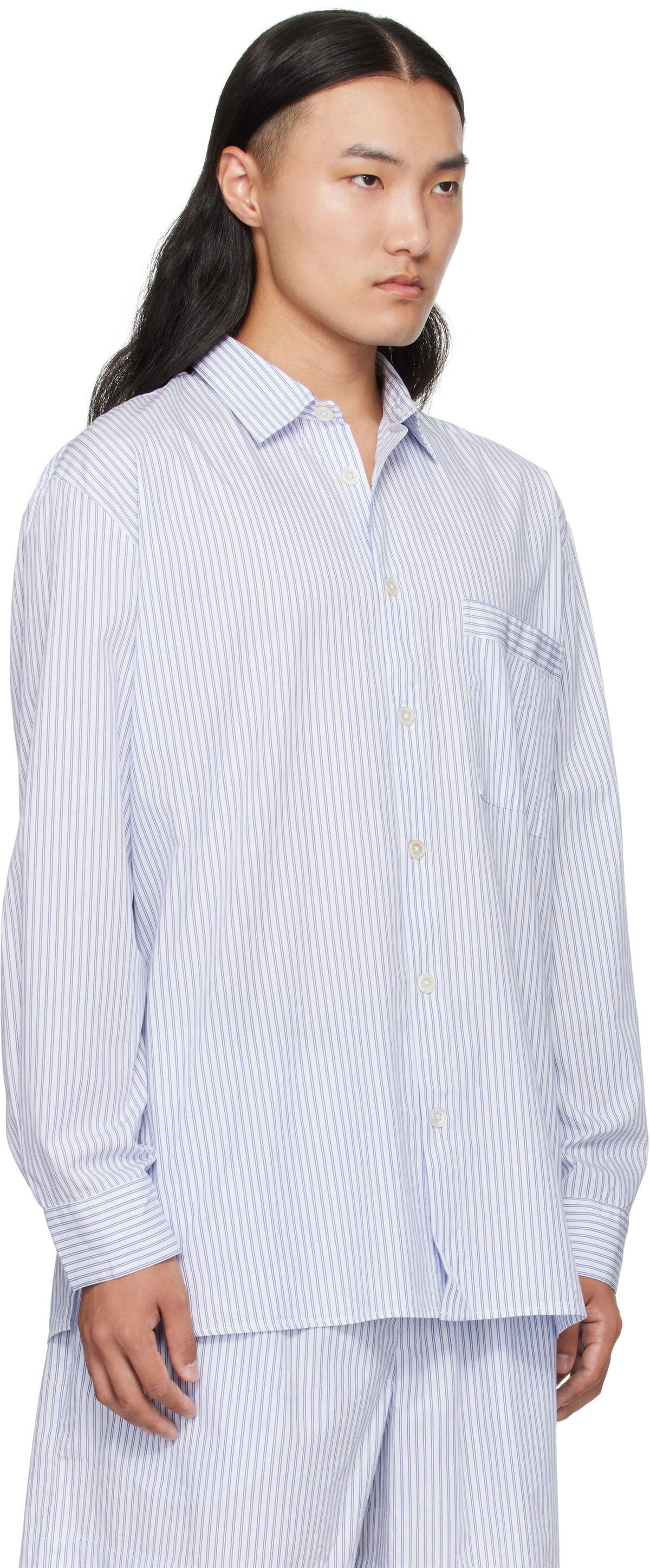 Tekla White & Blue Poplin Long-Sleeved Pyjama Shirt