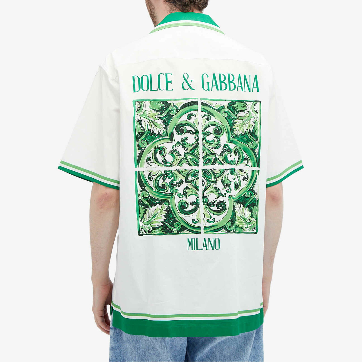 Dolce & Gabbana Men's Back Print Vacation Shirt in White/Green