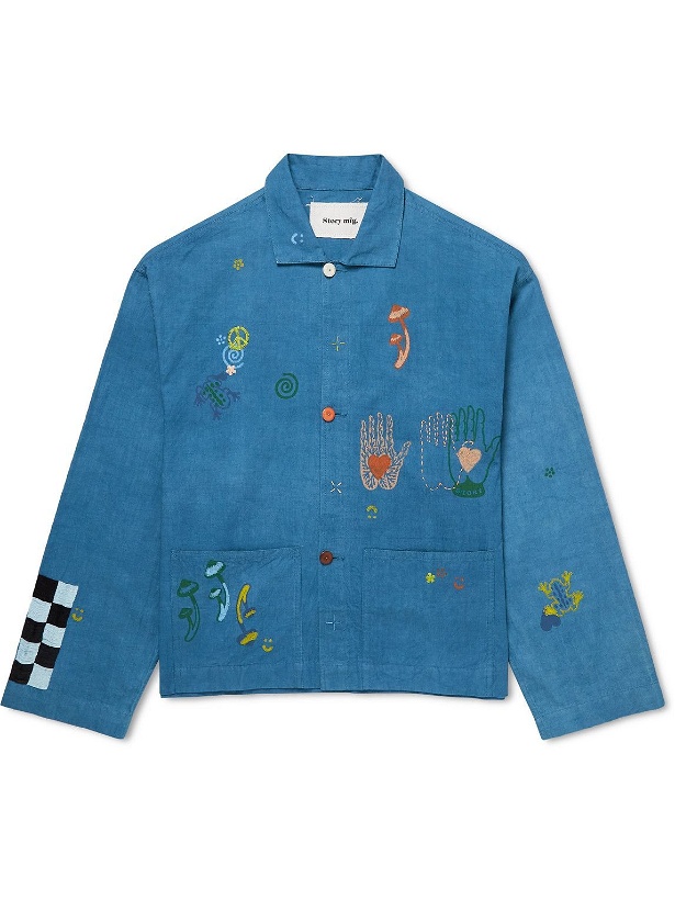 Photo: Story Mfg. - Short on Time Embroidered Printed Organic Cotton Jacket - Blue