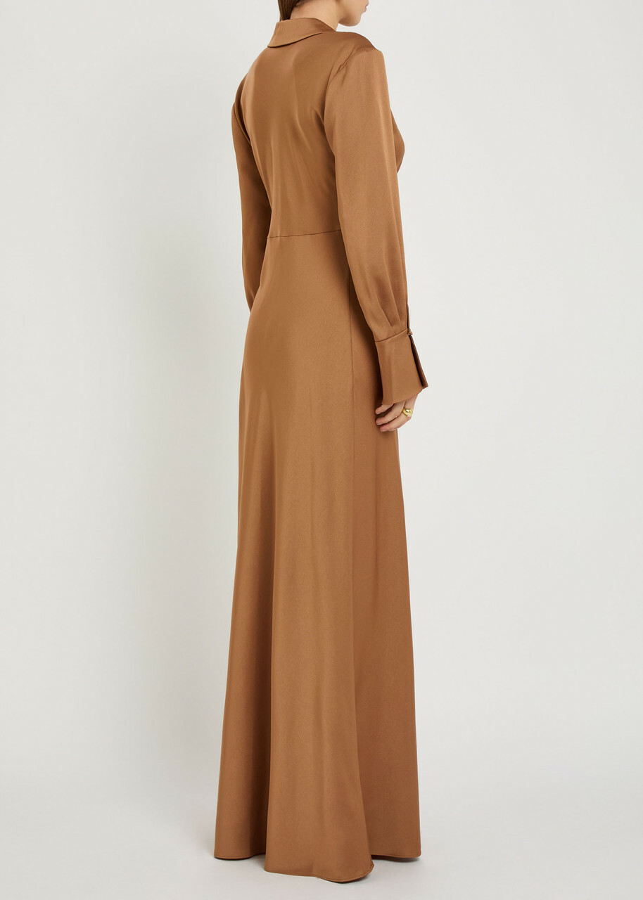 Simkhai Adelle Draped Satin Maxi Shirt Dress Brown