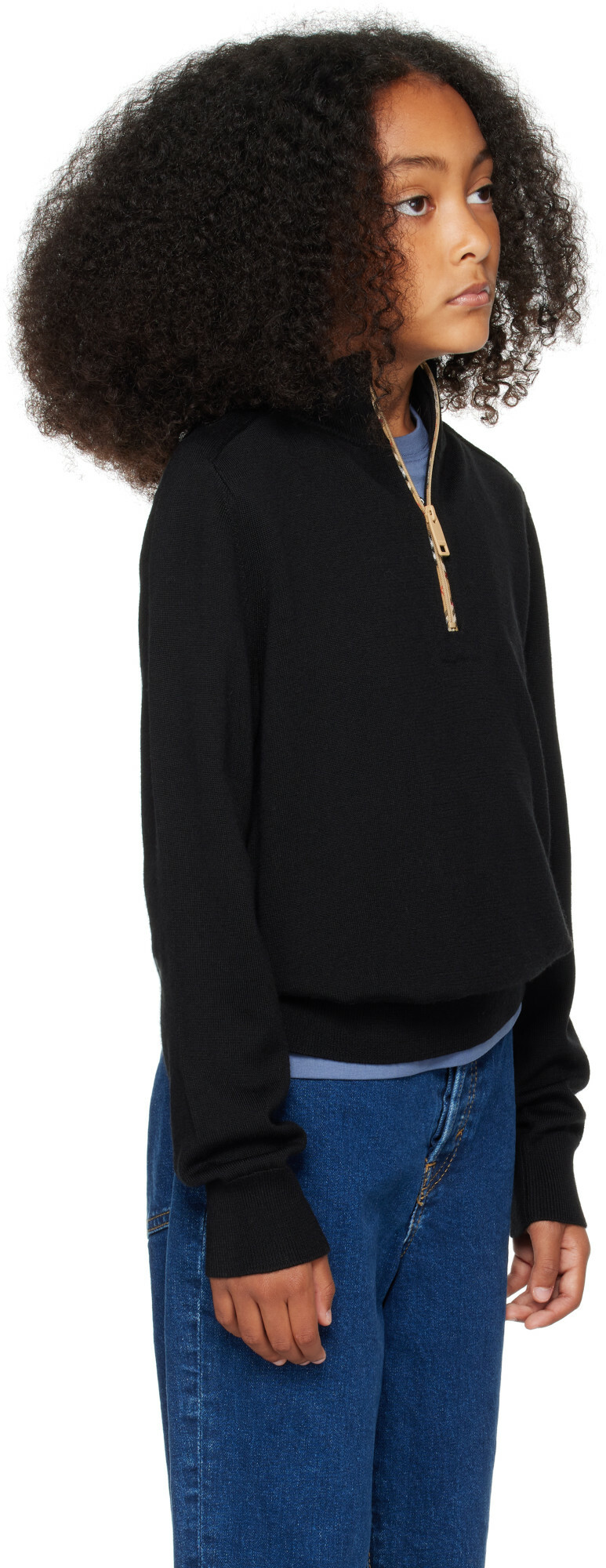 Burberry Kids Black Check Trim Wool Half-zip Sweater