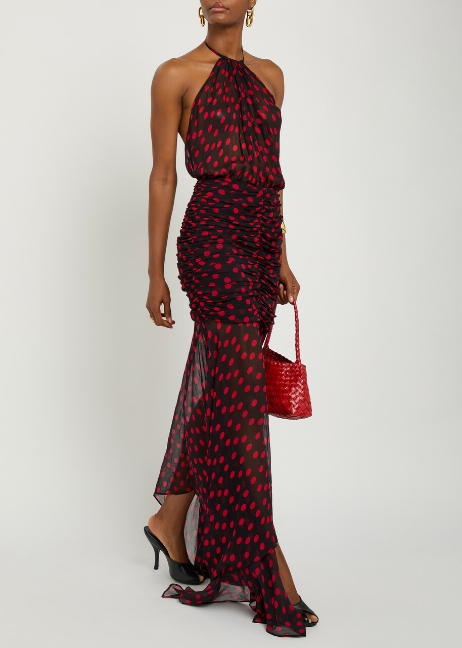 Ronny Kobo Lovisa Polka-dot Chiffon Midi Dress Black Red