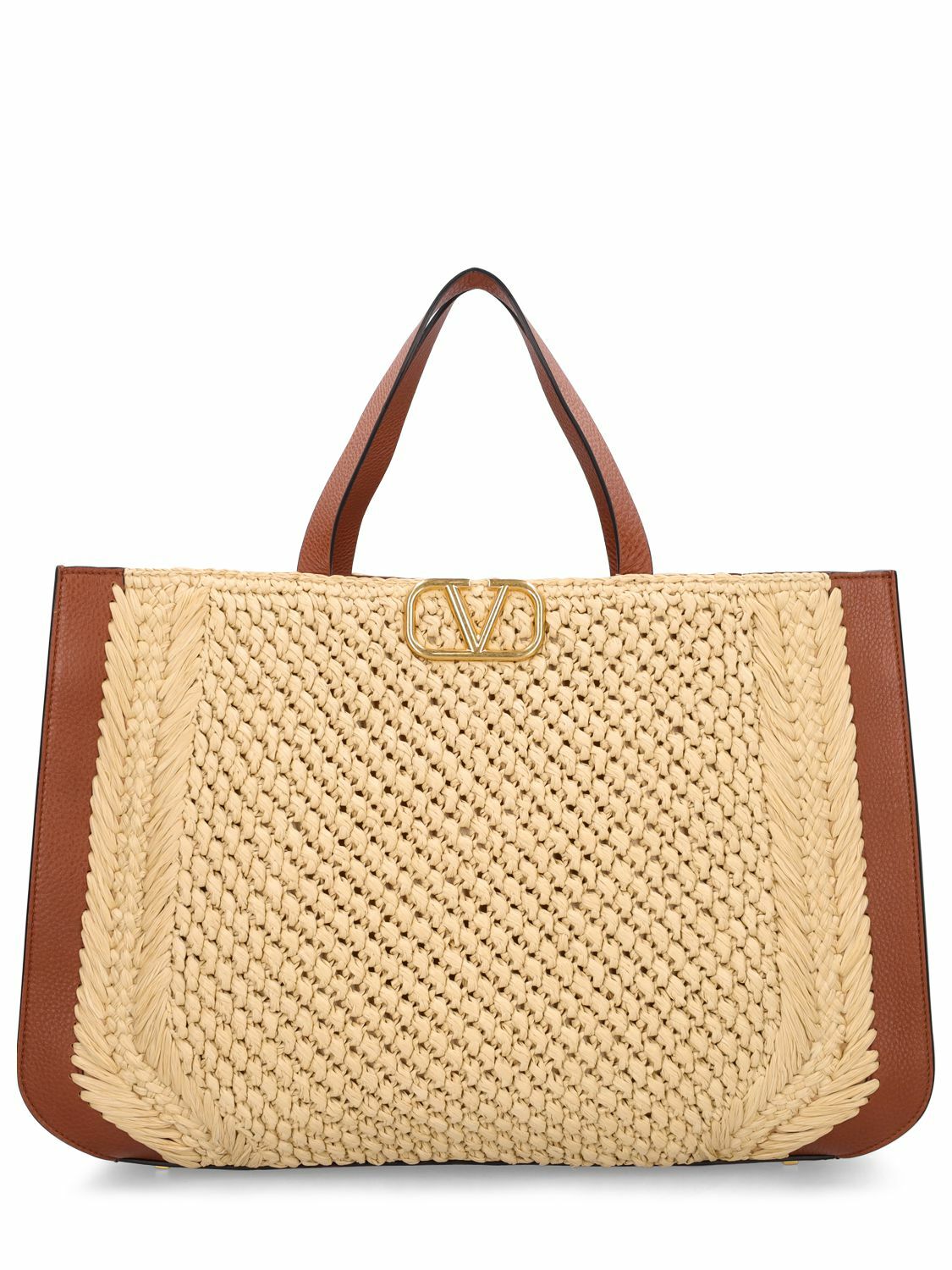 【関税&送料込】Valentino Garavani Embellished Raffia Vlogo Neutral VLOGO embellished leather-trimmed raffia slides