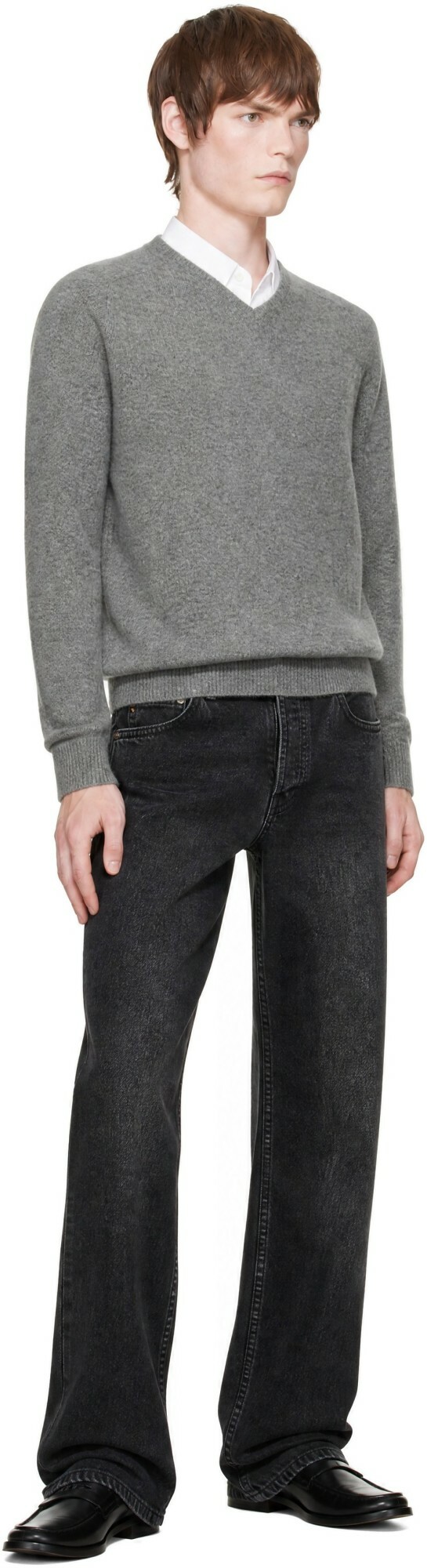 AMOMENTO Gray Racoon V-Neck Sweater
