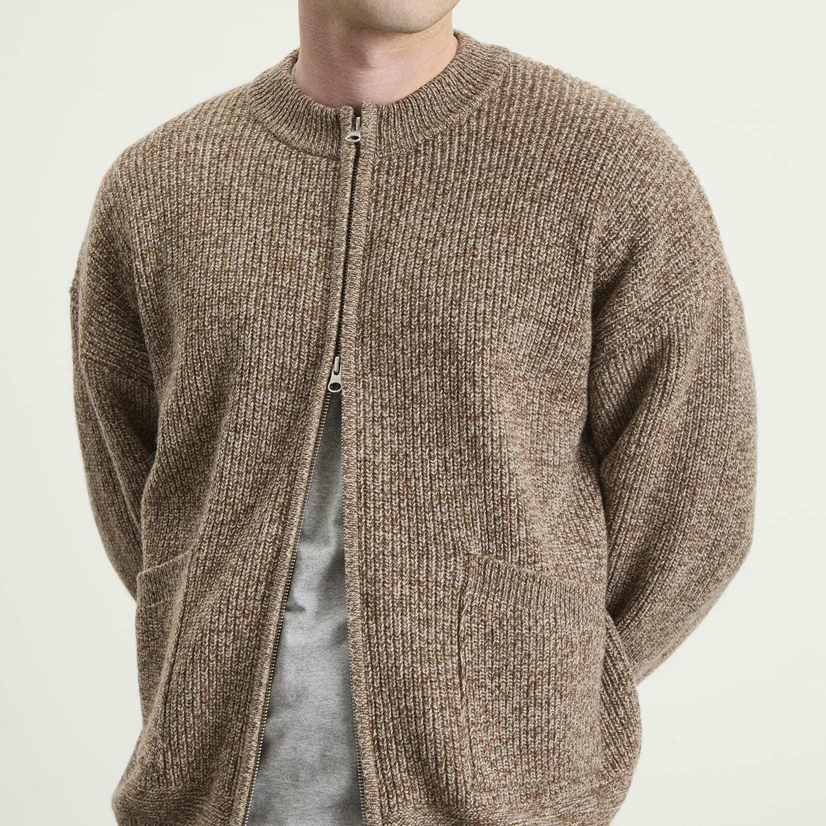 FrizmWORKS Men's Tweed Wool Deck Zip Cardigan in Brown