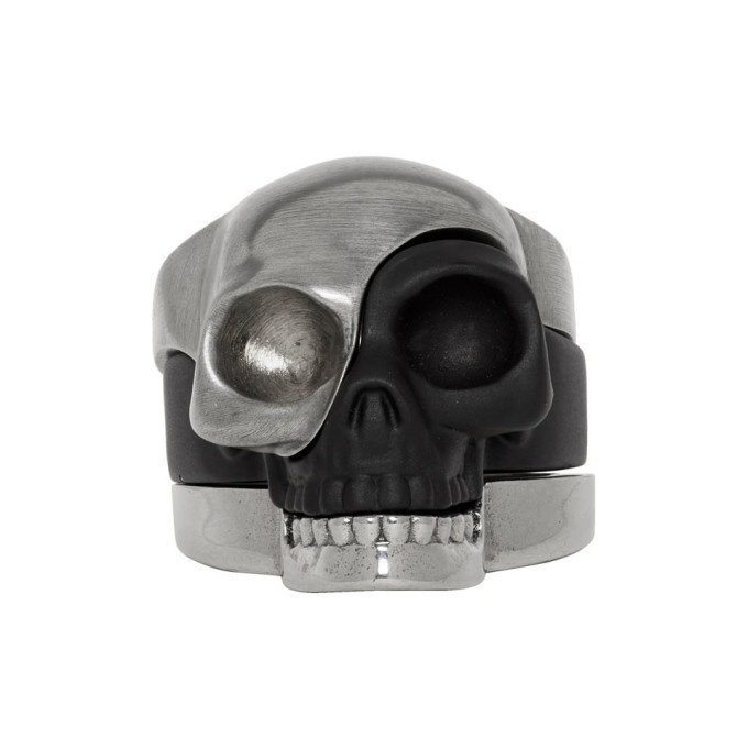 Photo: Alexander McQueen Gunmetal and Black Divided Skull Ring Set