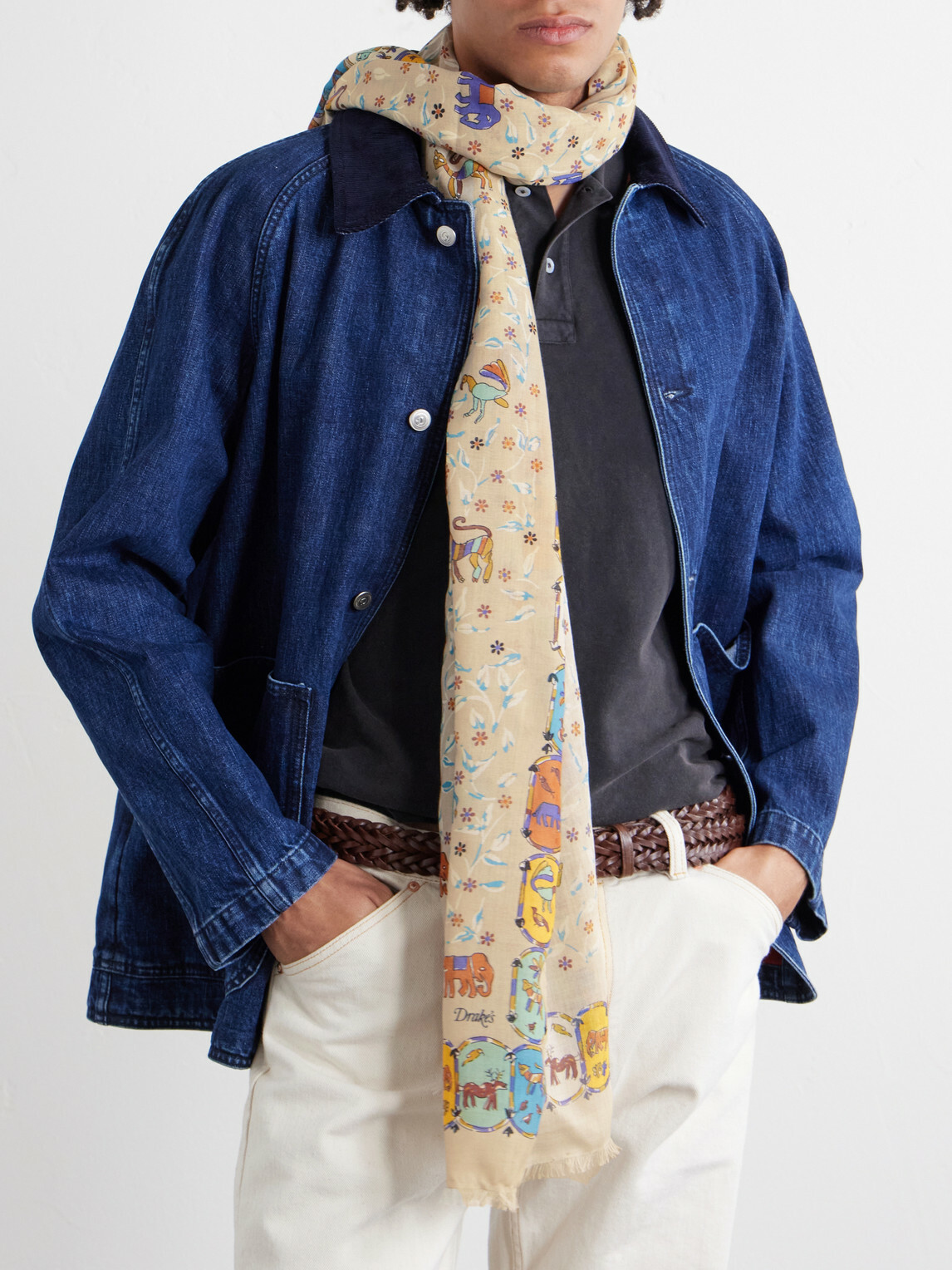 Drake's - Frayed Printed Wool and Silk-Blend Scarf