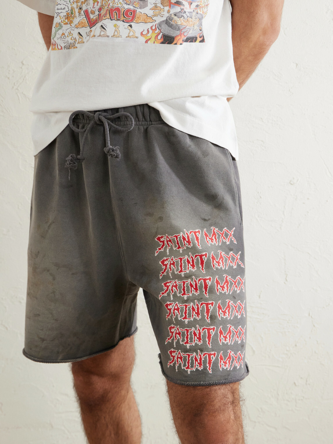 SAINT MXXXXXX - Wide-Leg Logo-Print Distressed Cotton-Jersey Drawstring Shorts - Gray