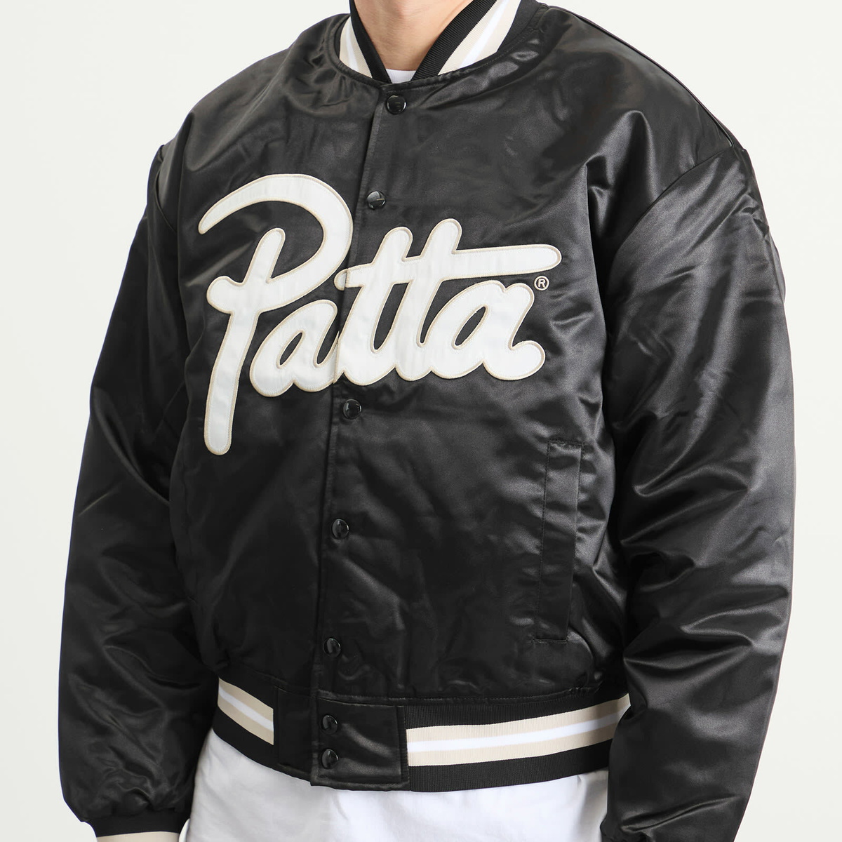Patta Men's Script Logo Satin Varsity Jacket in Black