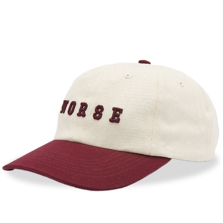Photo: Norse Projects Men's Varsity Logo Twill Cap in Burgundy