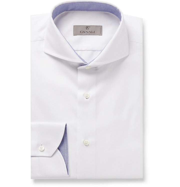 Photo: Canali - White Cutaway-Collar Checked Cotton-Jacquard Shirt - Men - White