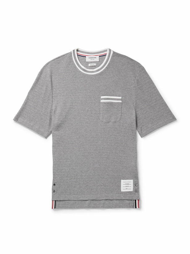 Photo: Thom Browne - Logo-Appliquéd Striped Pointelle-Knit Cotton T-Shirt - Gray