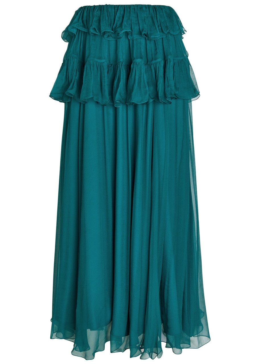 Chloe Ruffled Silk Maxi Skirt Teal