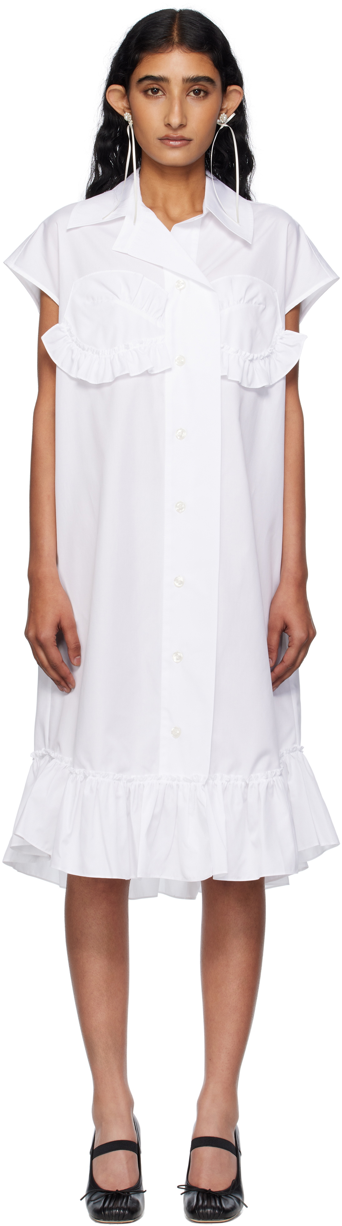 Simone Rocha White Sleeveless Ruffle Bust Detail Midi Dress