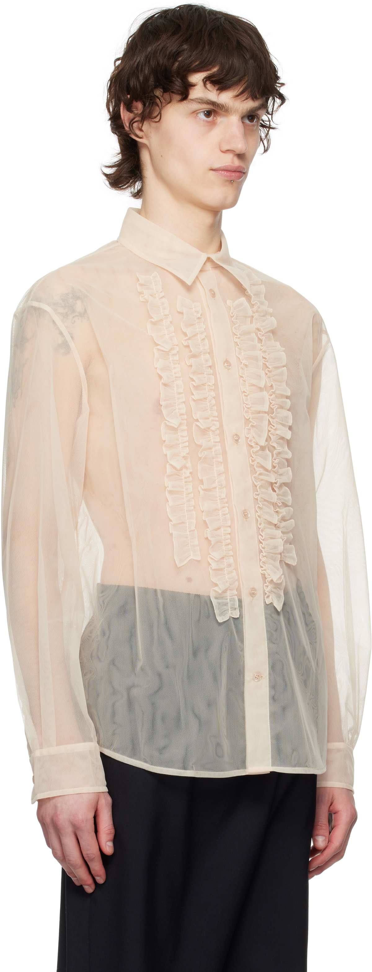 Simone Rocha Pink Sheer Ruffle Bib Prom Shirt Simone Rocha