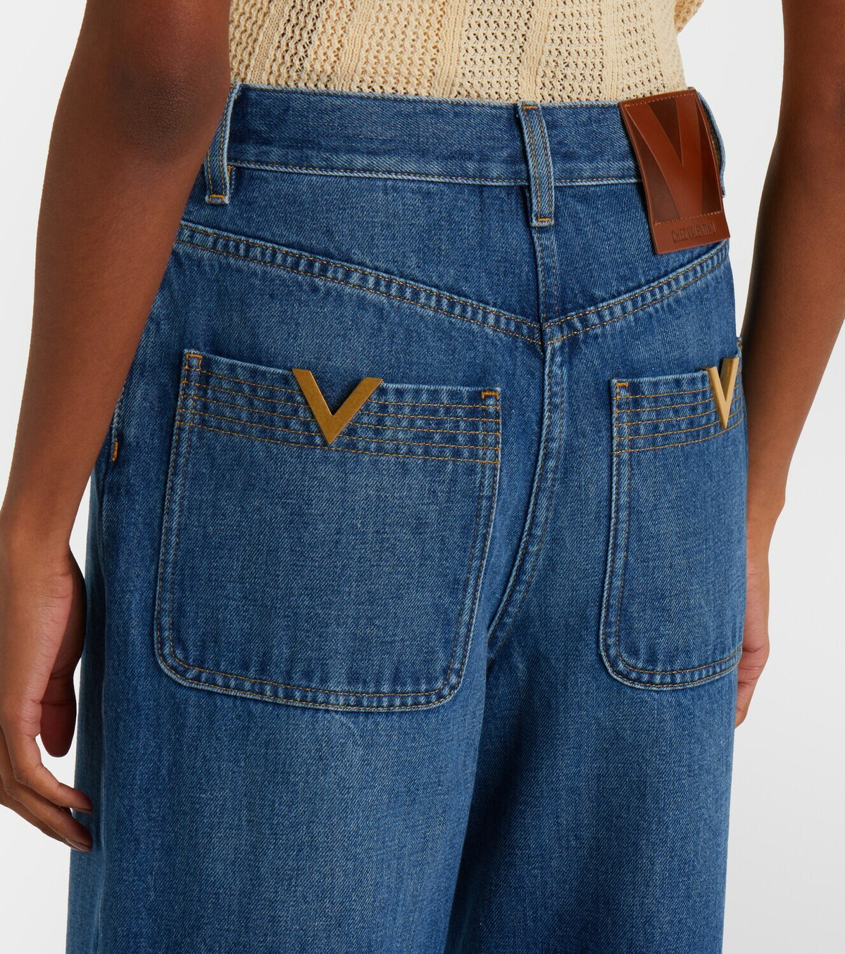 Valentino Leather-trimmed wide-leg jeans