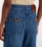 Valentino Leather-trimmed wide-leg jeans