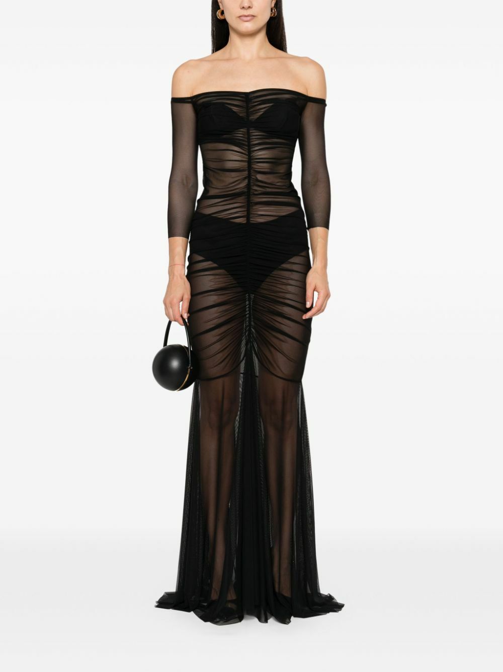 Norma Kamali Black Off-Shoulder Shirred Gown Norma Kamali