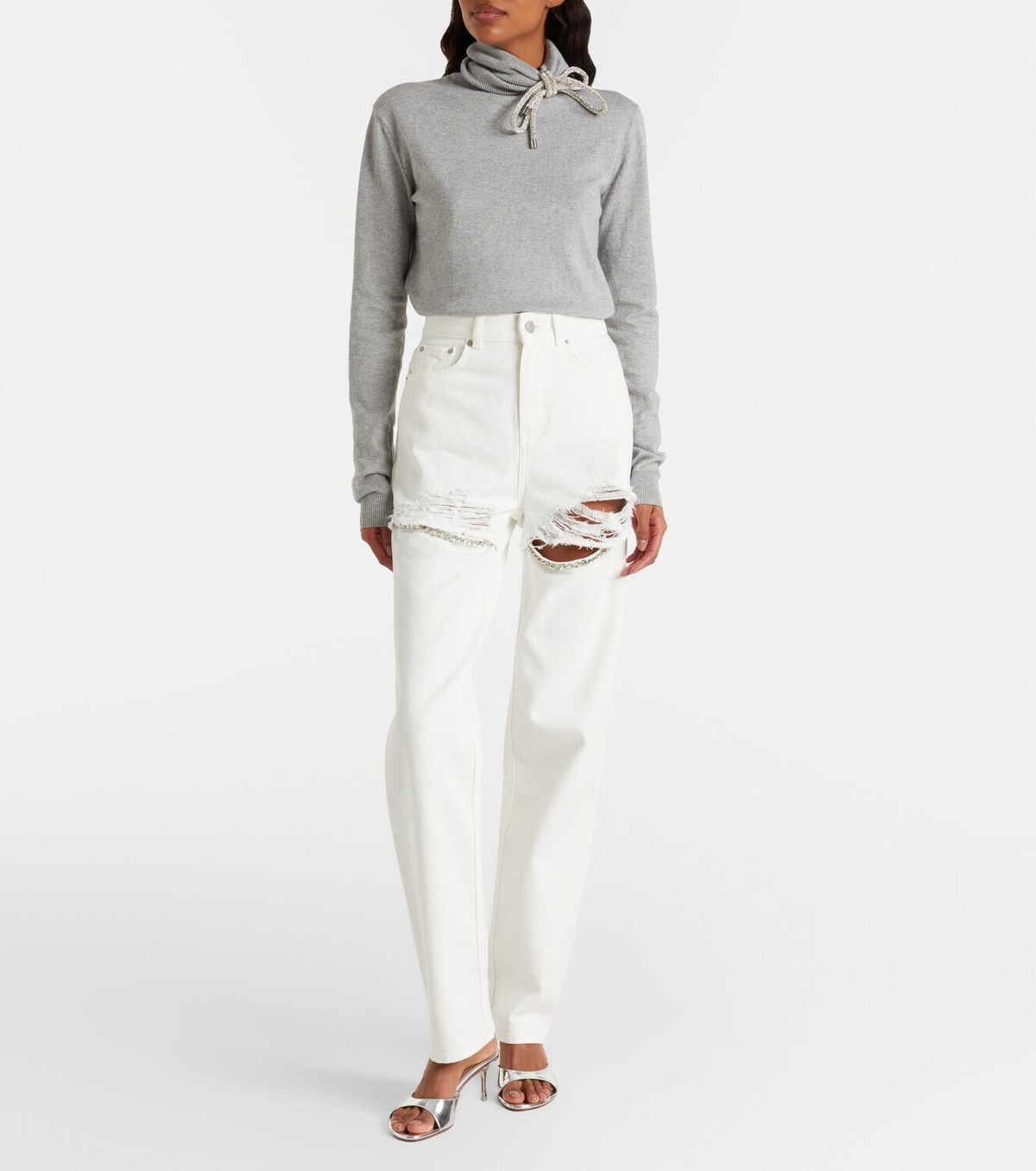 Area Distressed embellished wide-leg jeans