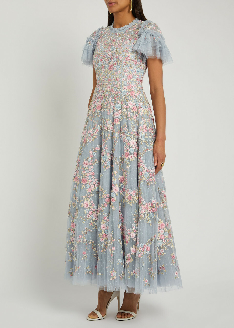 Needle & Thread Lunaria Floral-embroidered Ruffled Tulle Gown Blue