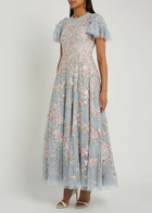 Needle & Thread Lunaria Floral-embroidered Ruffled Tulle Gown Blue
