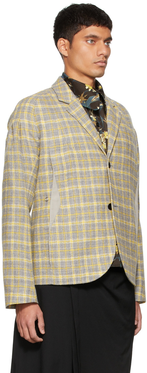 Kiko Kostadinov Yellow & Grey Check Harkman Darted Shoulder Blazer