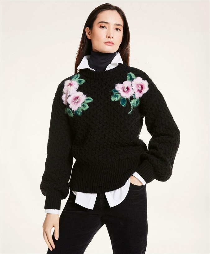 Photo: Brooks Brothers Women's Wool Blend Floral Sweater | Black