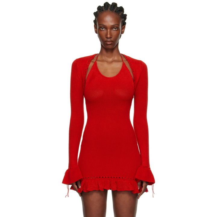 Photo: GUIZIO Red Crochet Ruffle Sleeve Bolero Cardigan