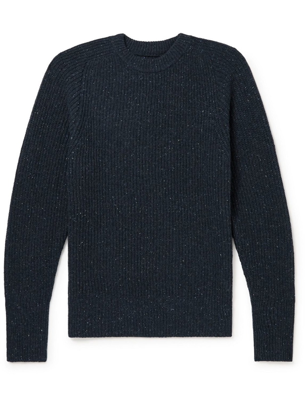 Photo: Anonymous ism - Slim-Fit Vegan Suede-Trimmed Donegal Wool-Blend Sweater - Blue