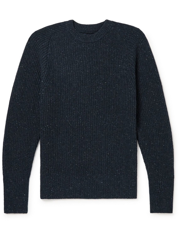 Photo: Anonymous ism - Slim-Fit Vegan Suede-Trimmed Donegal Wool-Blend Sweater - Blue