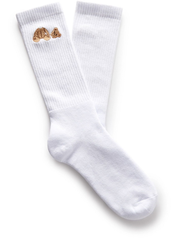 Photo: Palm Angels - Embroidered Ribbed Cotton-Blend Socks - White