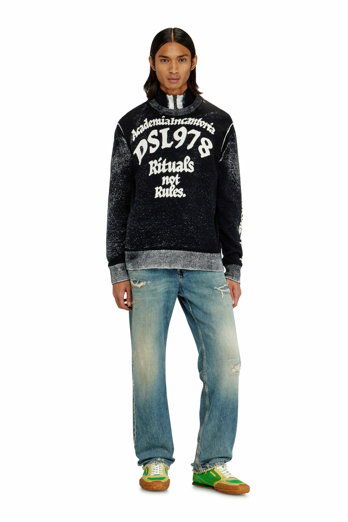 Diesel Treated cotton jumper with slogan - Knitwear Mens in Multicolor