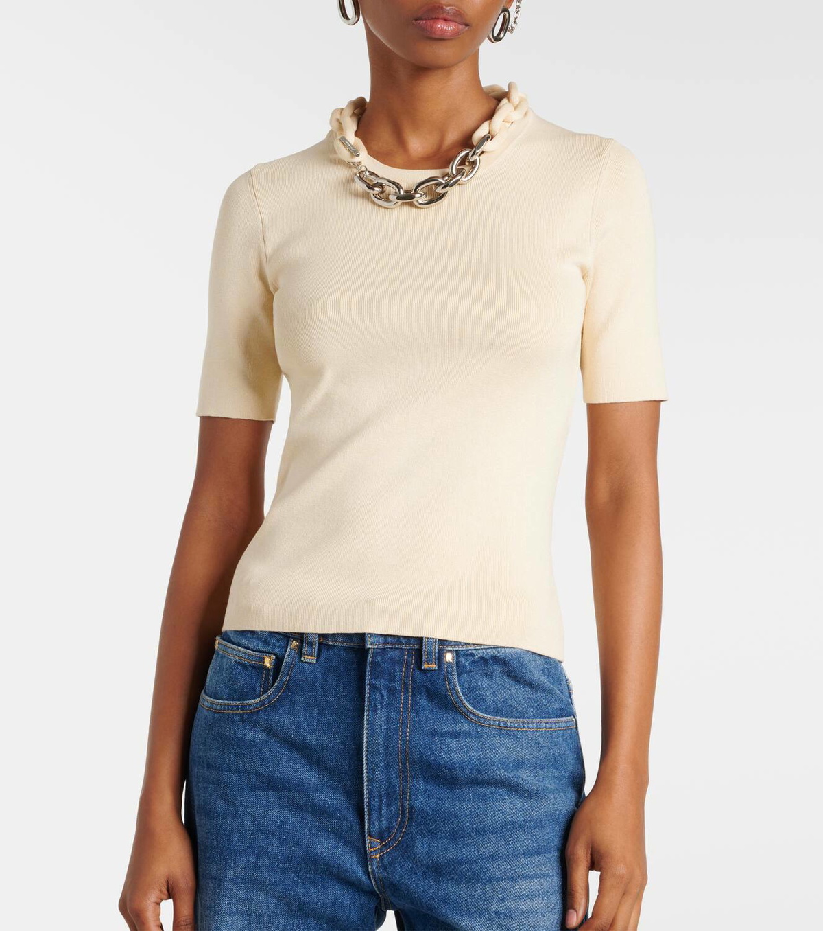 【Rabanne】 Chain-detailシルクアンドコットンブレンドトップ Rabanne Chain-detail silk and cotton-blend top Paco Rabanne