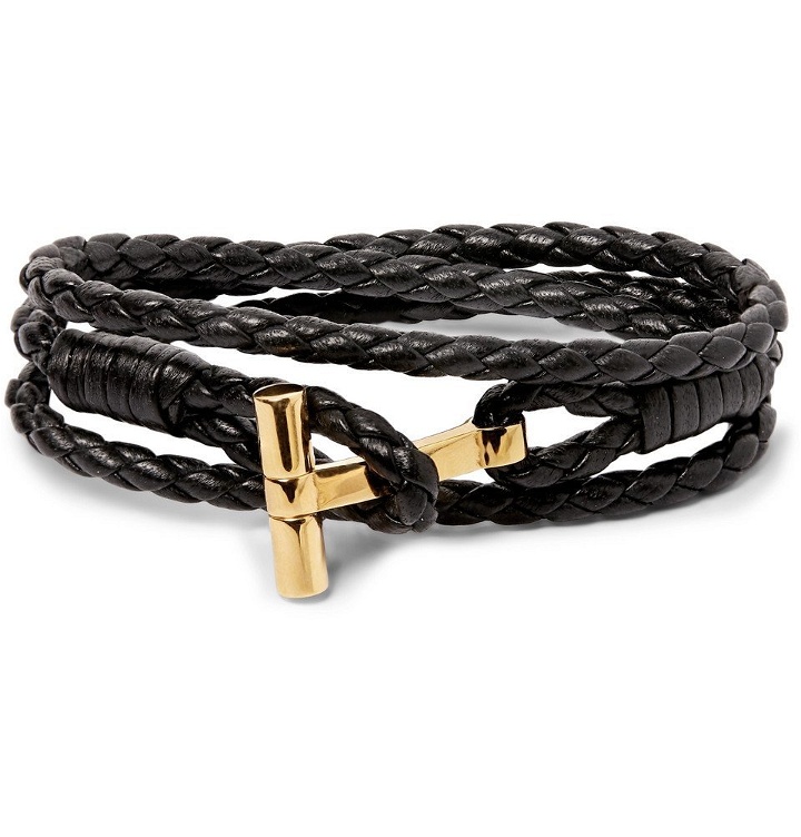 Photo: TOM FORD - Woven Leather and Gold-Tone Wrap Bracelet - Men - Black