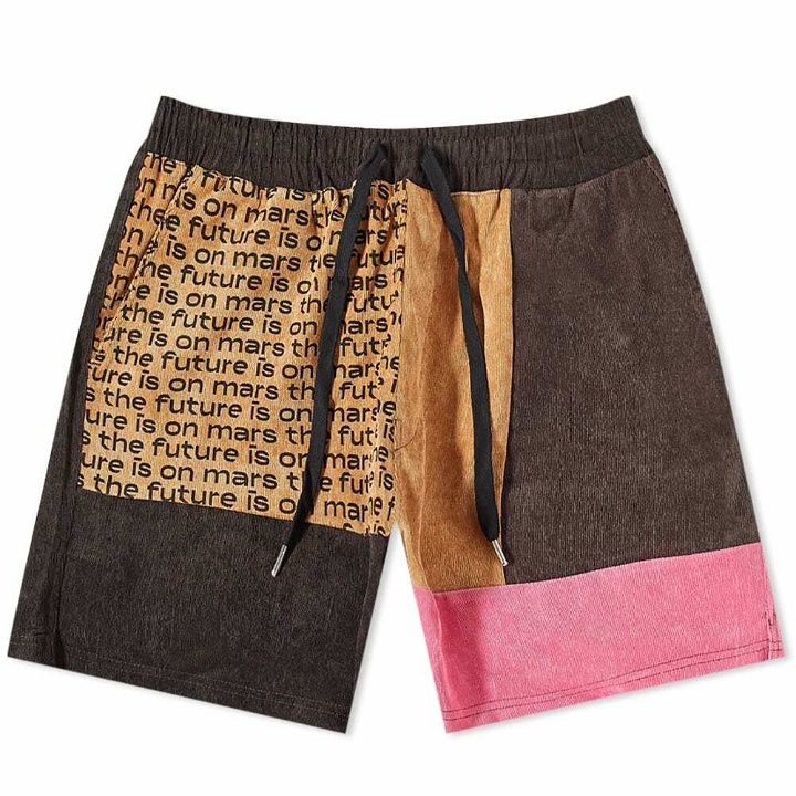 Photo: The Future Is On Mars Men's Corduroy Patchwork Short in Copper Brown/Pink