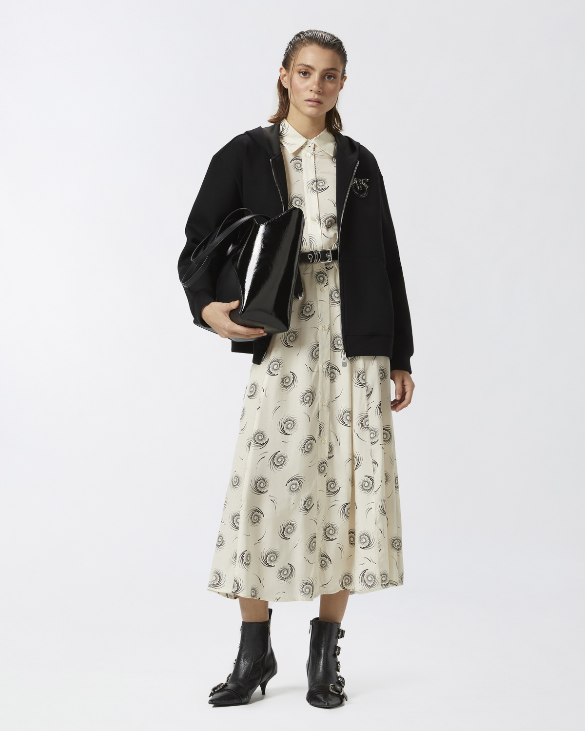 Pinko Long Shirt Dress In Swirl Print Twill Cream/Black