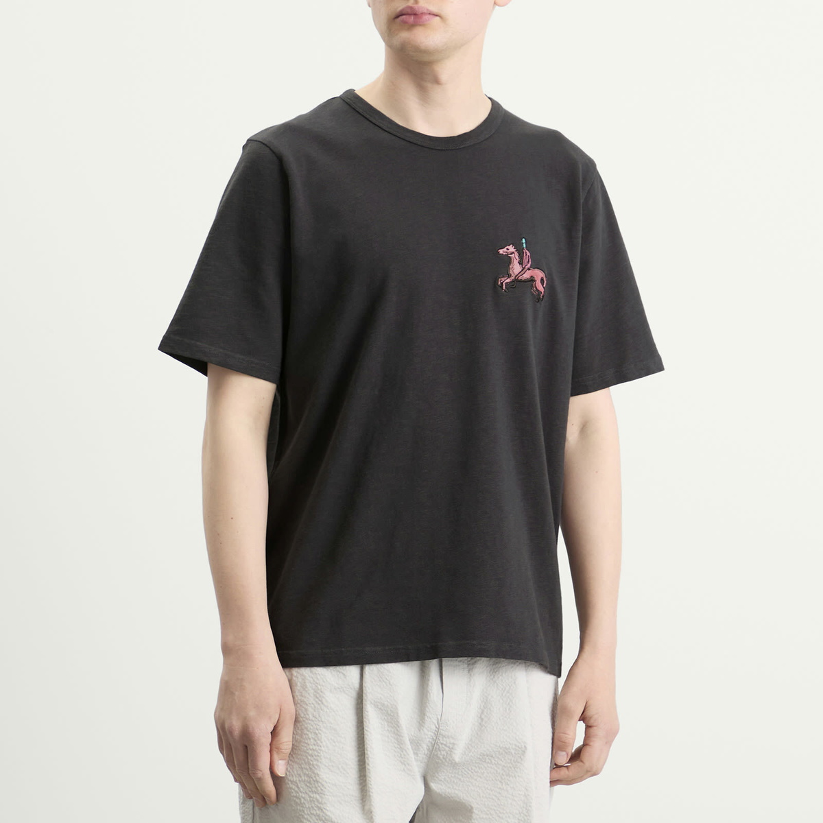 Folk Men's Slub Embroidery T-Shirt in Ecru Black Carousel