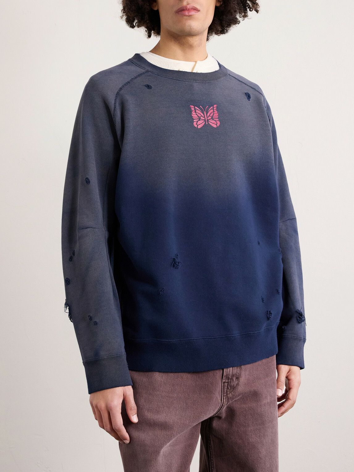 Needles - Logo-Print Distressed Cotton-Jersey Sweatshirt - Blue