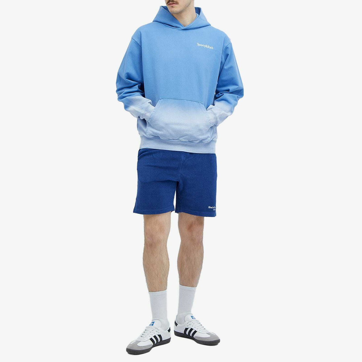 Sporty & Rich Men's Serif Logo Embroidered Hoodie in Dip Dye Blue