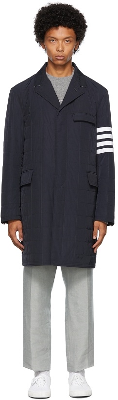 Photo: Thom Browne Navy Down 4-Bar Chesterfield Coat