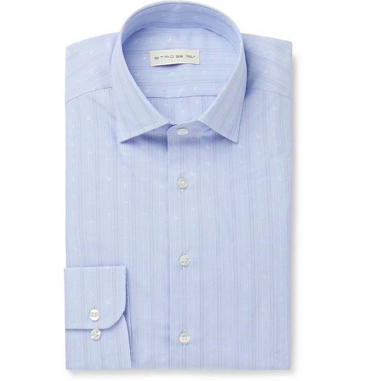 Photo: Etro - Light-Blue Slim-Fit Paisley-Embroidered Striped Cotton-Poplin Shirt - Blue