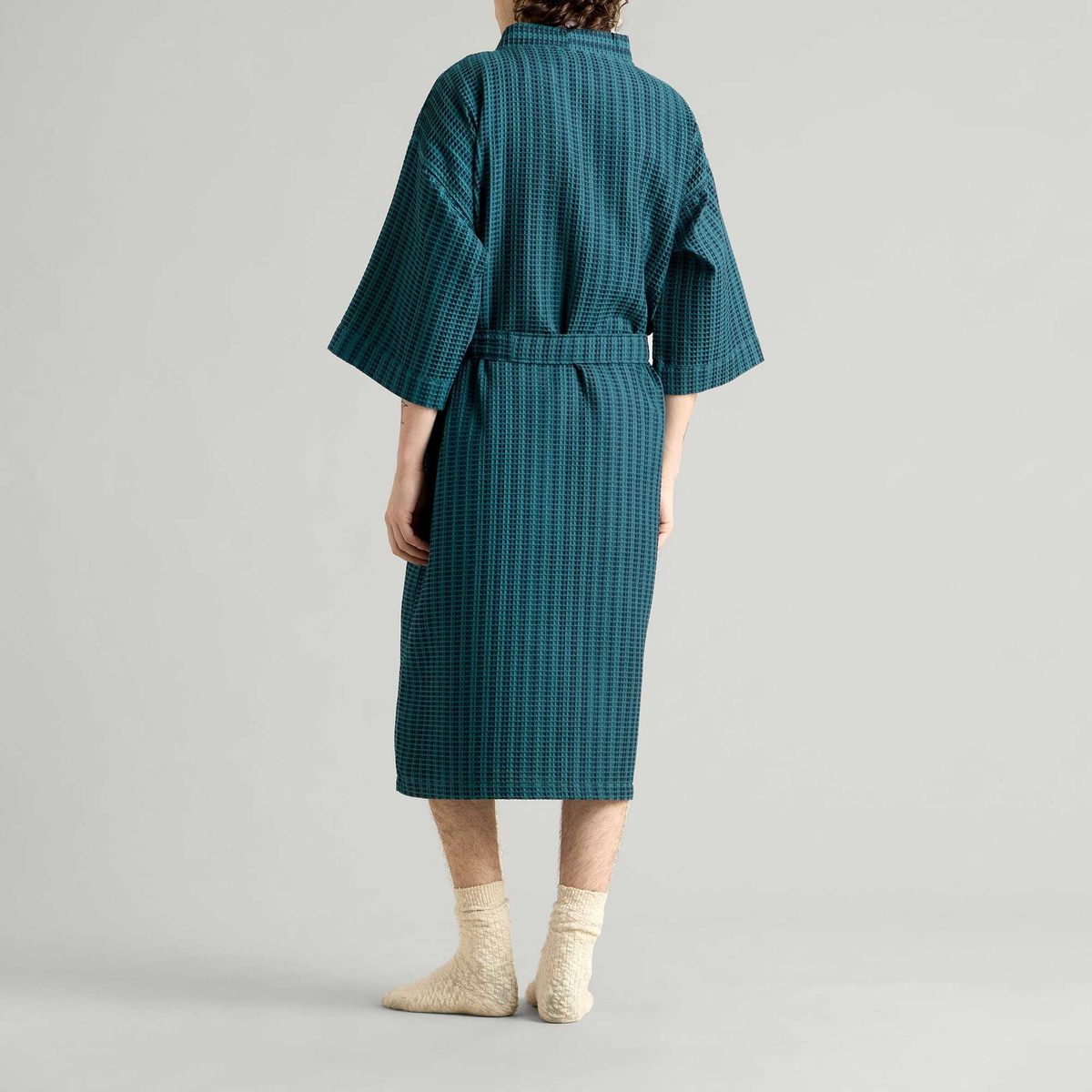 HAY Waffle Bathrobe in Stripe Petrol Blue