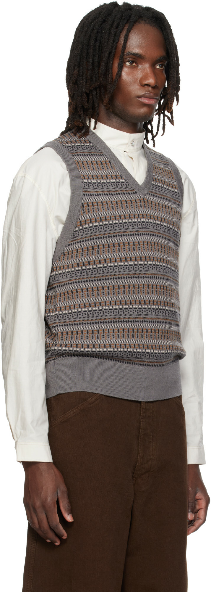 LEMAIRE Gray V-Neck Jacquard Sweater Vest
