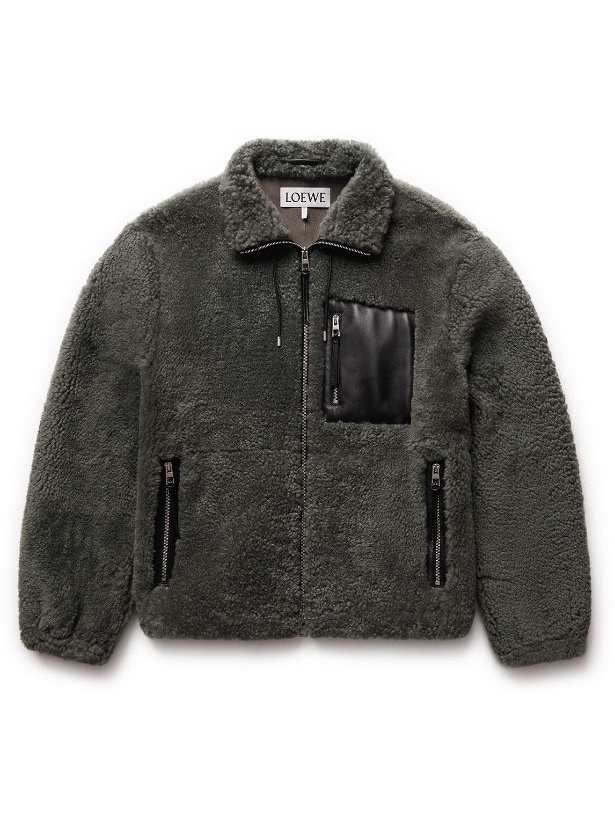 Photo: Loewe - Leather-Trimmed Shearling Jacket - Green