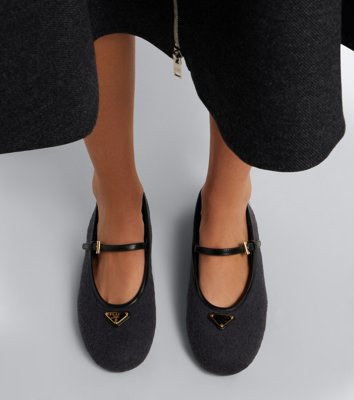 Prada Leather-trimmed cashmere Mary Jane flats