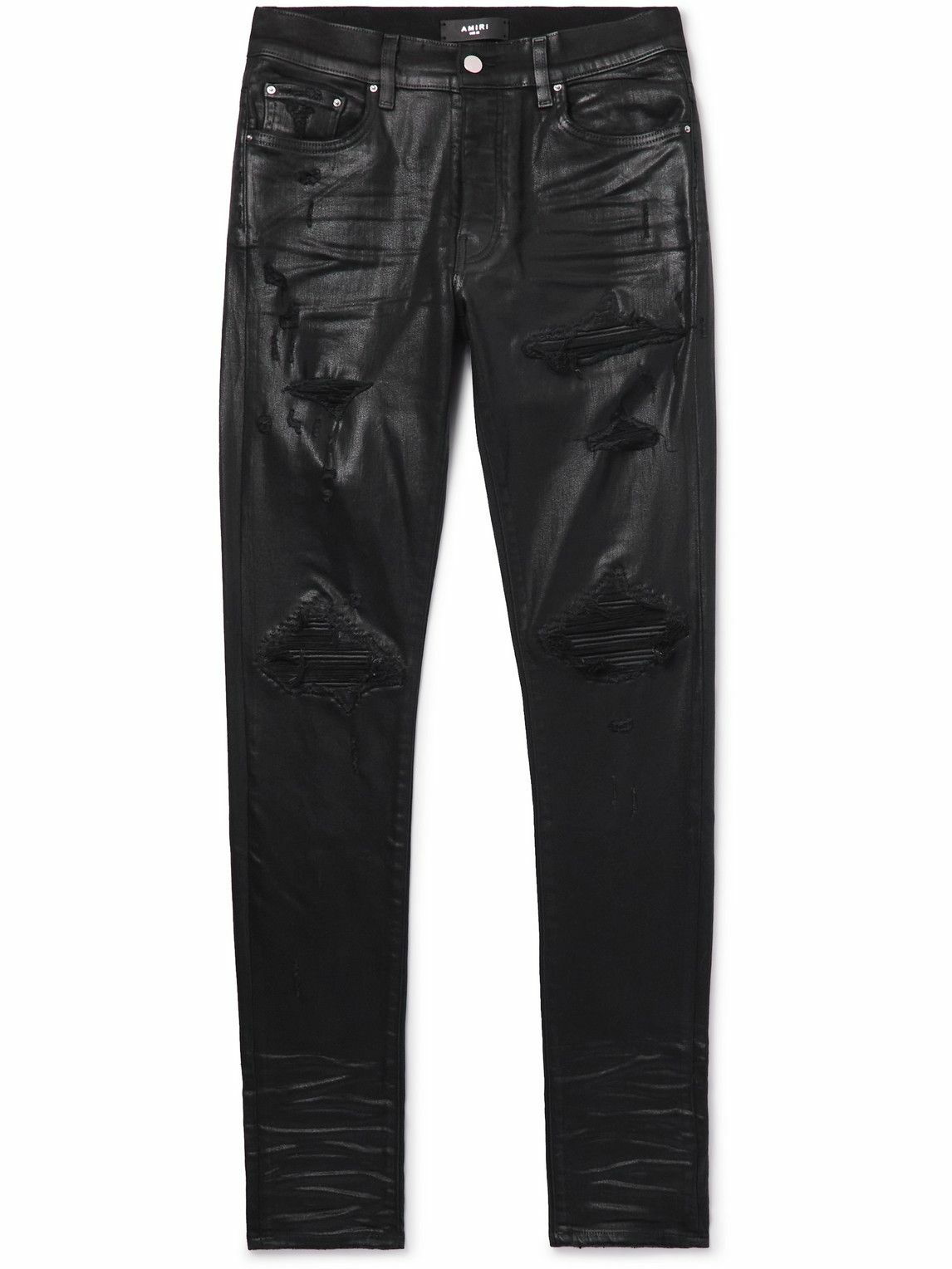 AMIRI - MX1 Skinny-Fit Distressed Leather-Panelled Coated Jeans - Black ...
