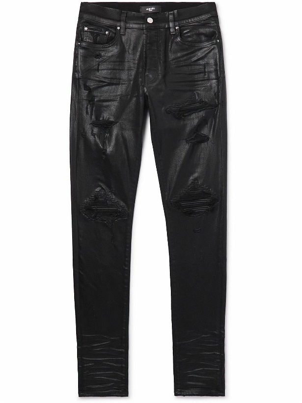 Photo: AMIRI - MX1 Skinny-Fit Distressed Leather-Panelled Coated Jeans - Black